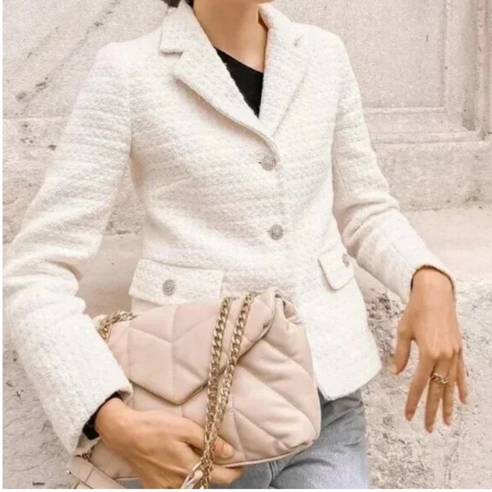 Zara Wool Blend Jewel/Gold Button Textured Blazer Ivory - Picture 2 of 12
